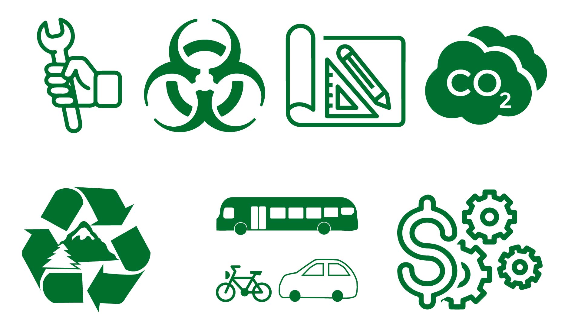 Symbols for sustainability planning topics, such as a bus, a wrench, and a recycling symbol